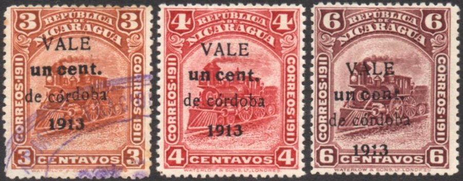 Nicaragua stamps 1913 surcharages Locomotive un cent value varieties